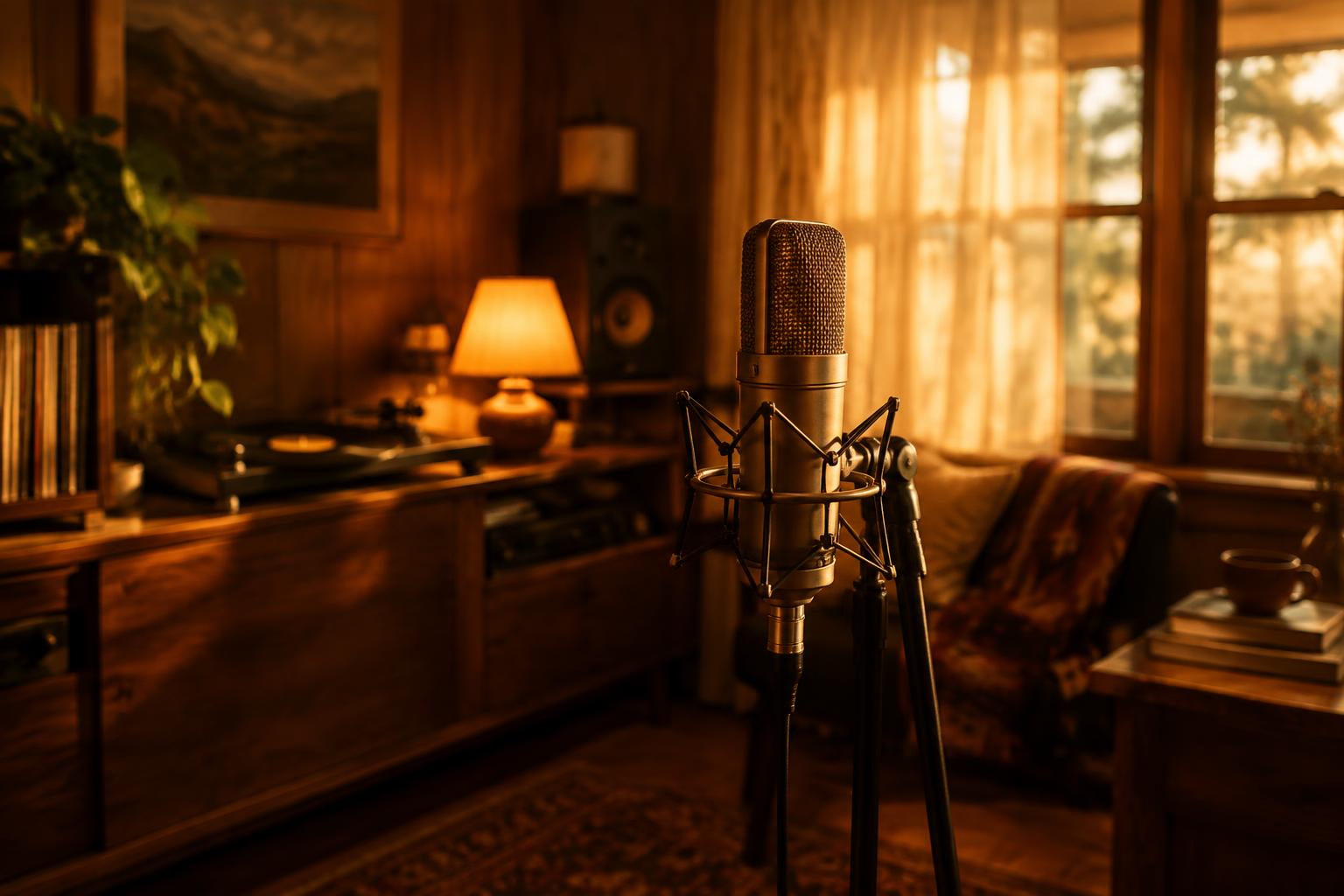 A vintage microphone in a warm, sunlit studio